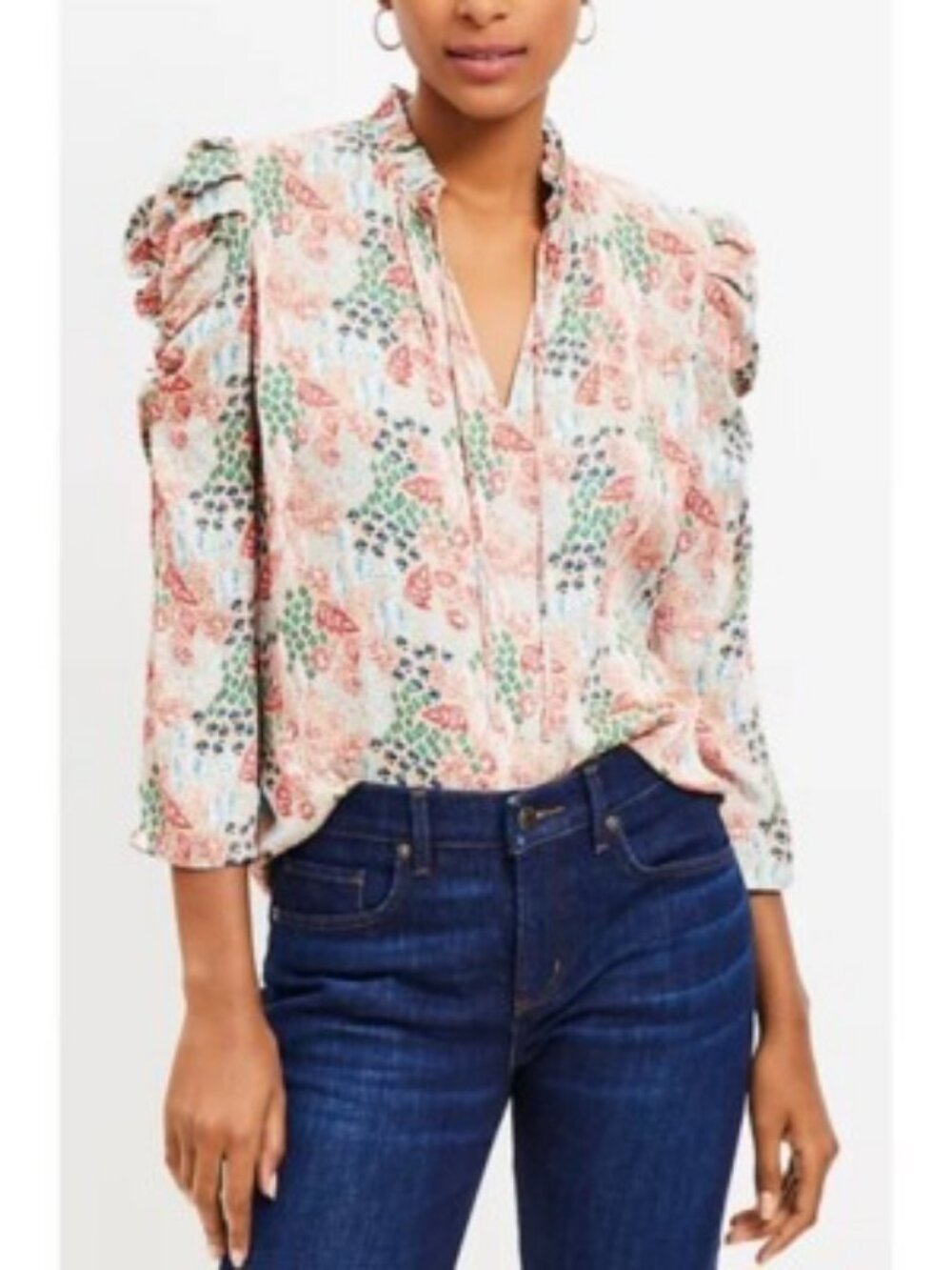 Loft Pink Floral Blouse With Long Puffed Ruched Sleeves Blouse Sz M